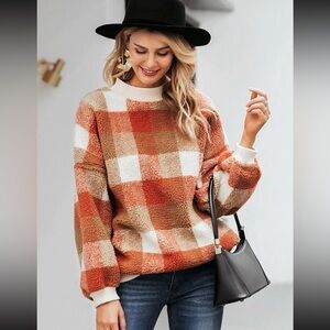 Gingham Drop Shoulder Teddy Sweater